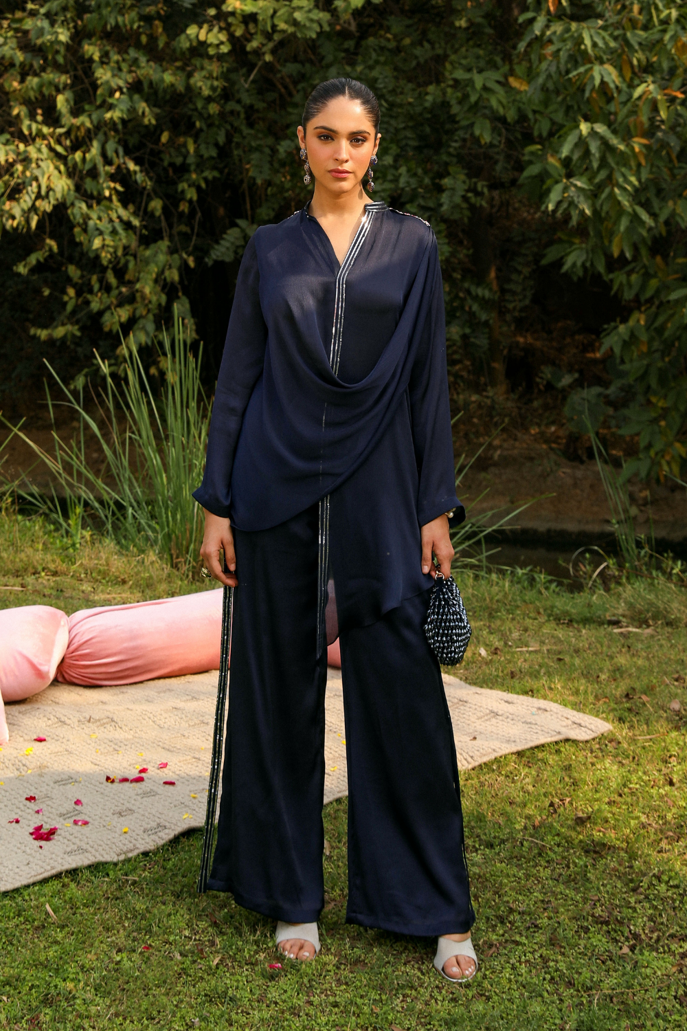 Navy Blue Chiffon Mira Co-ord Set with Cowl Neck & Sequins