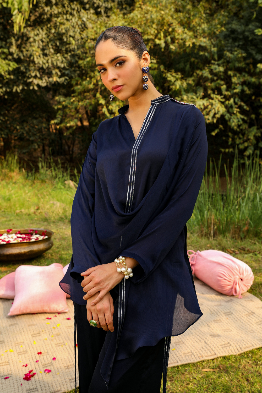 Navy Blue Chiffon Mira Co-ord Set with Cowl Neck & Sequins