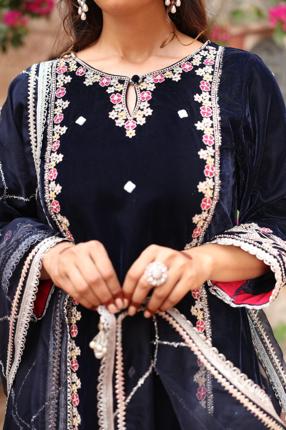 Navy Blue Velvet Embroidered Kurta Set with Organza Dupatta