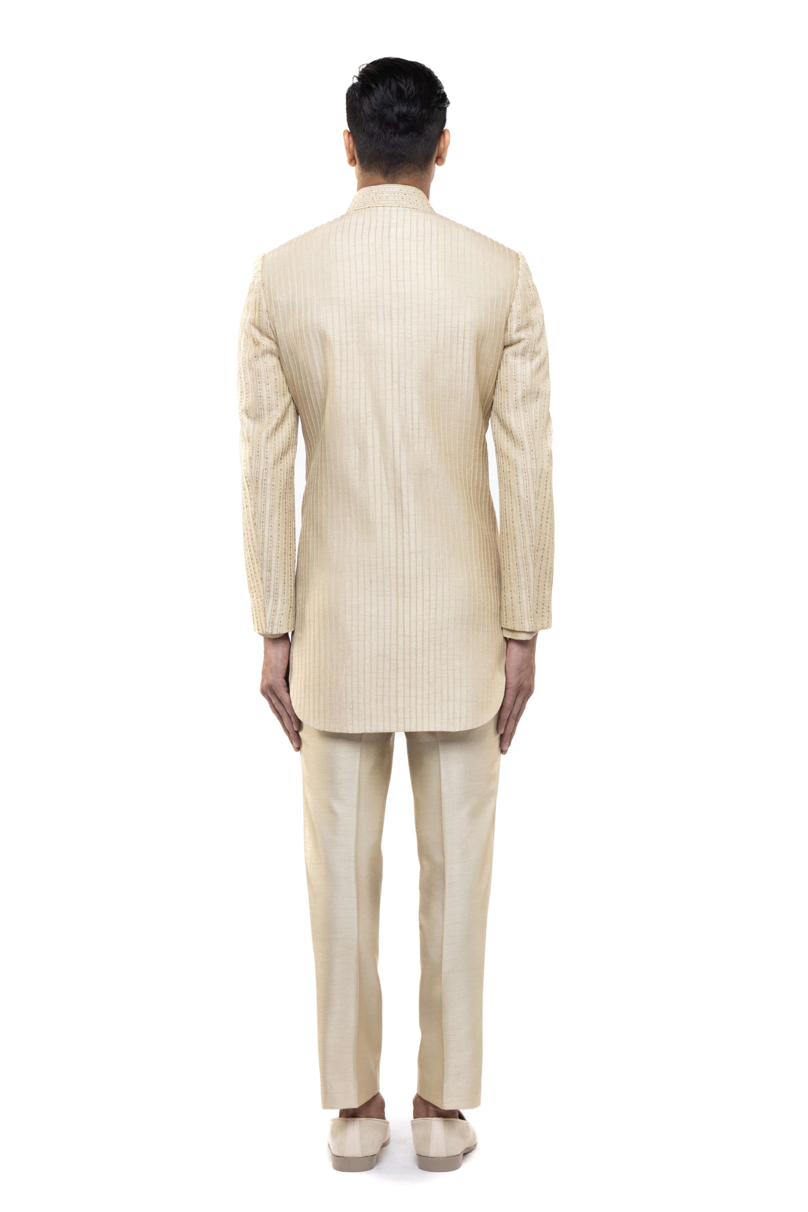 Champagne Silk Pintuck Embroidered Achkan Set