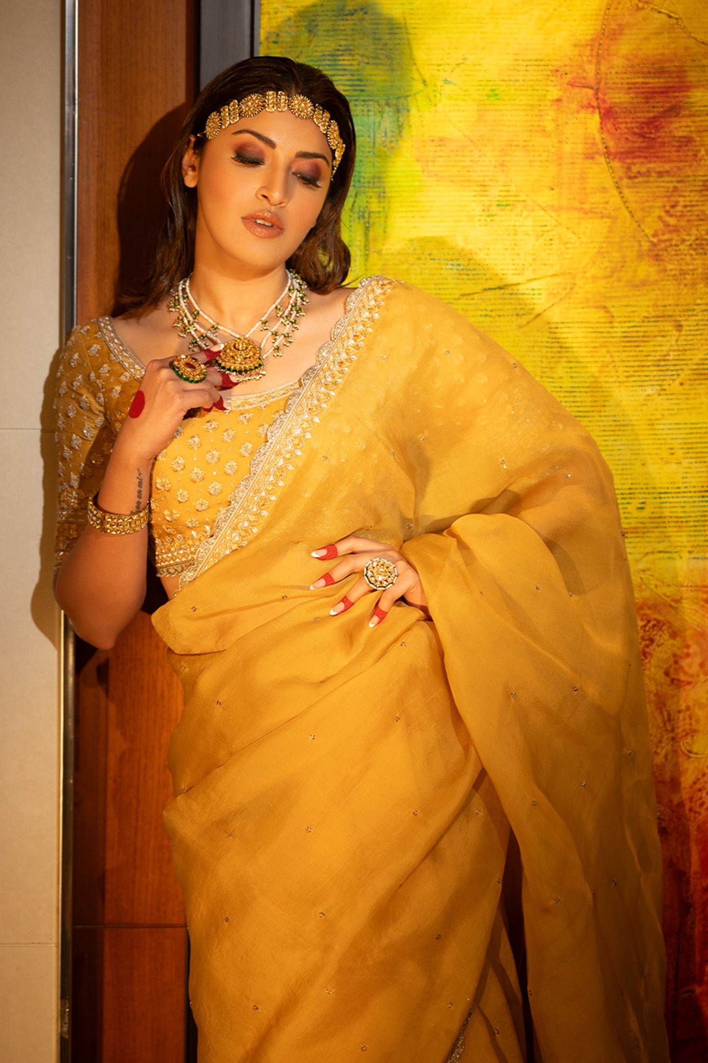Hand-Embroidered Mango Gold-Yellow Saree-Blouse Set