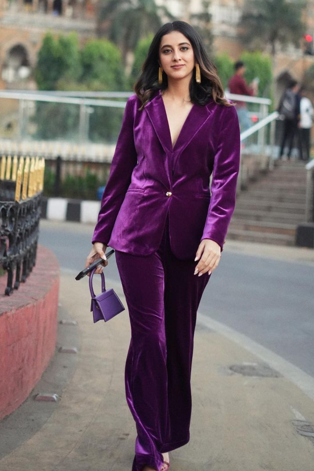 Karishma Mehta Zuri Purple Silk Velvet Power Shoulder Co-ord Set