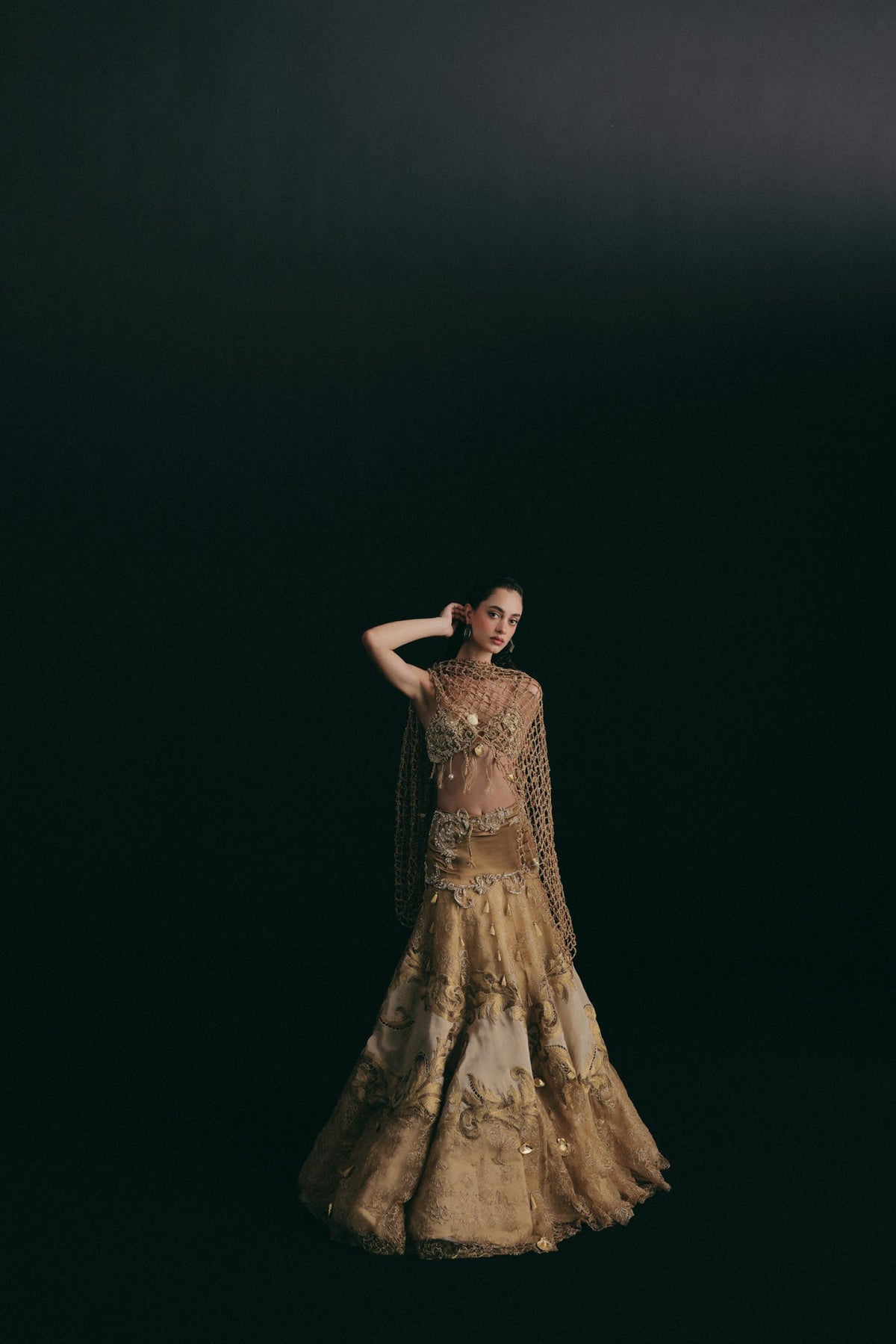 Zardosi & Cutwork Embroidery, Silk & Tulle with Crochet Detailing, Skirt Set, Bralette Silhouette