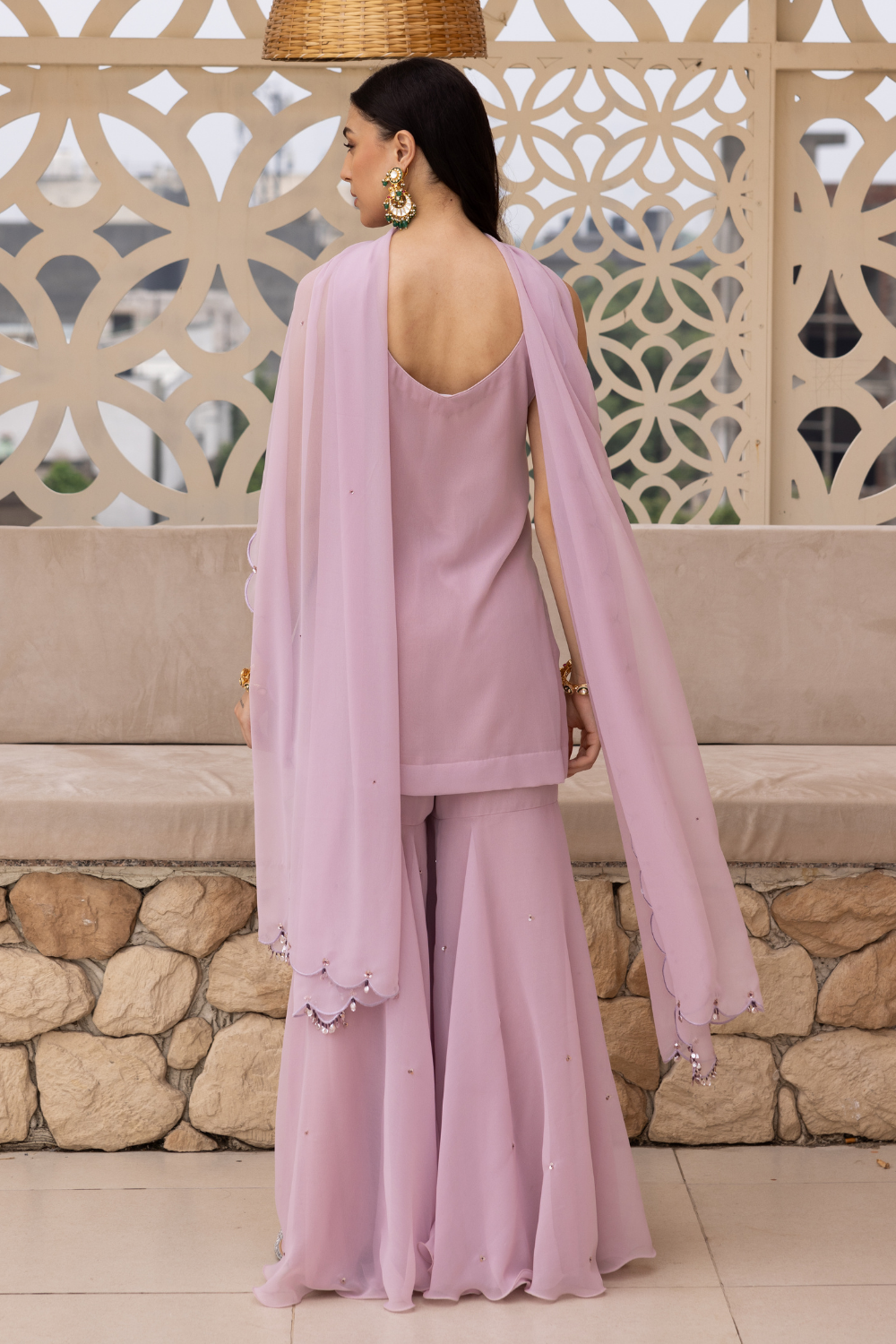 Shama Lilac Peplum Short Kurta with Flared Sharara Set