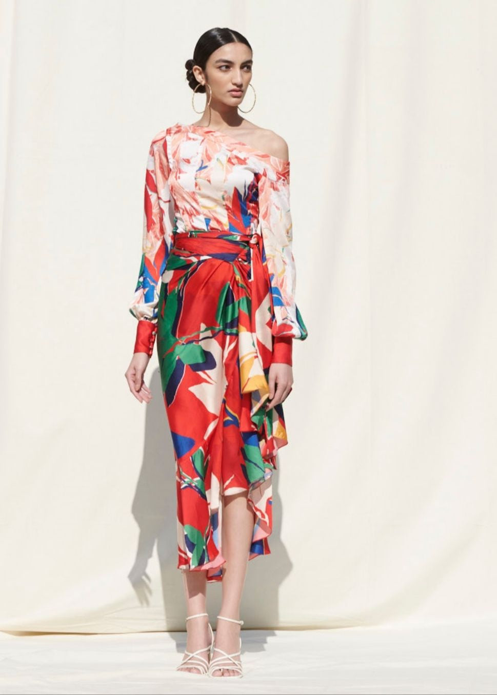 Printed Crepe Satin Top With Wrap Skirt