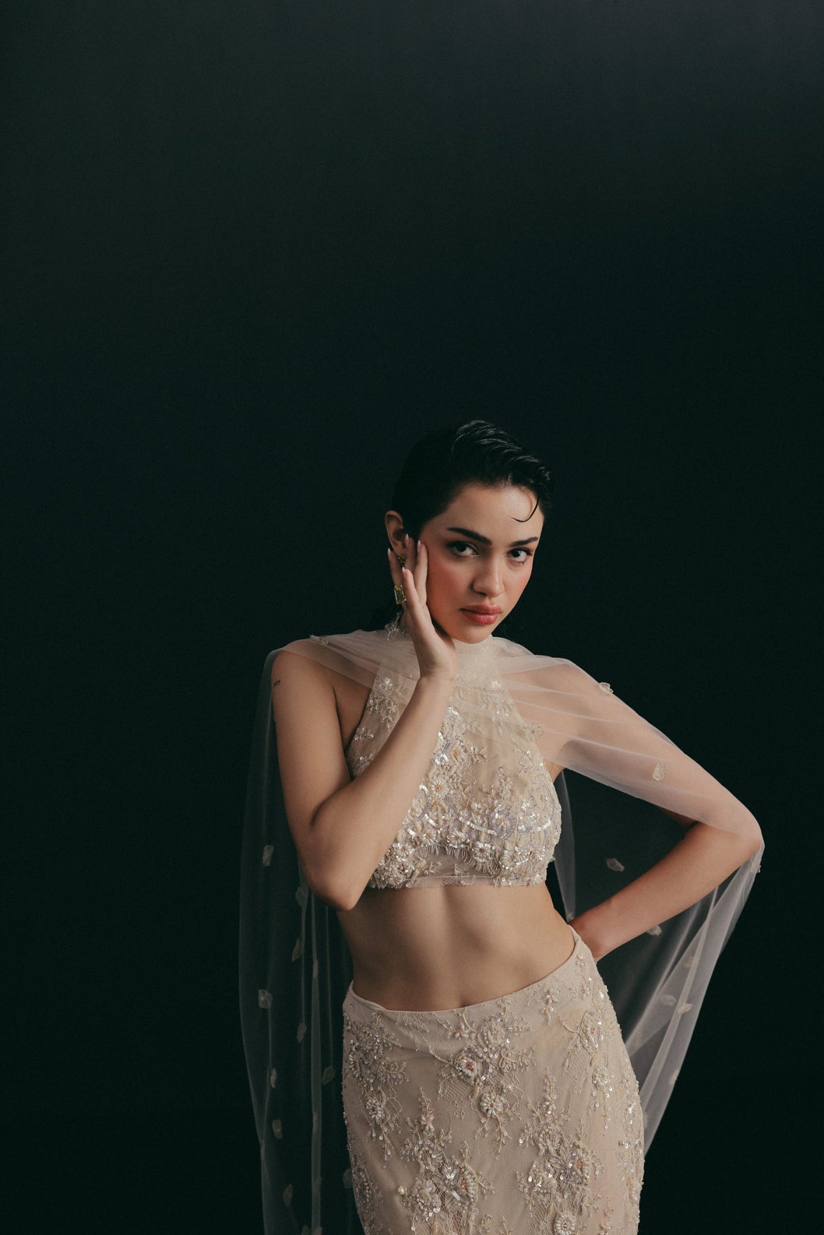 Oyster, Bugle Bead Embroidery, Vintage Lace & Tulle, Crop Skirt Set, Tea-Length Silhouette