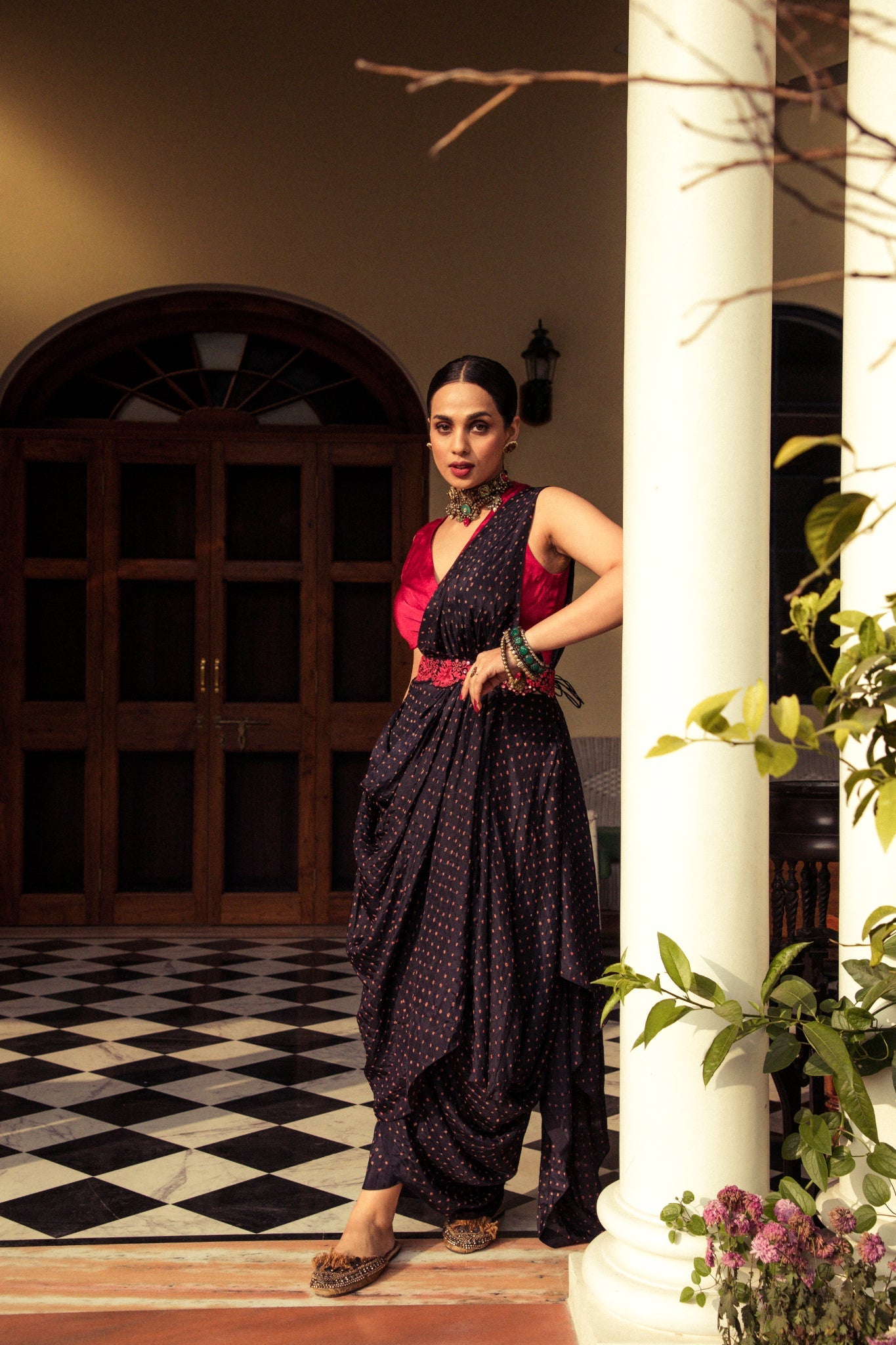 Black red bandhni drape saree