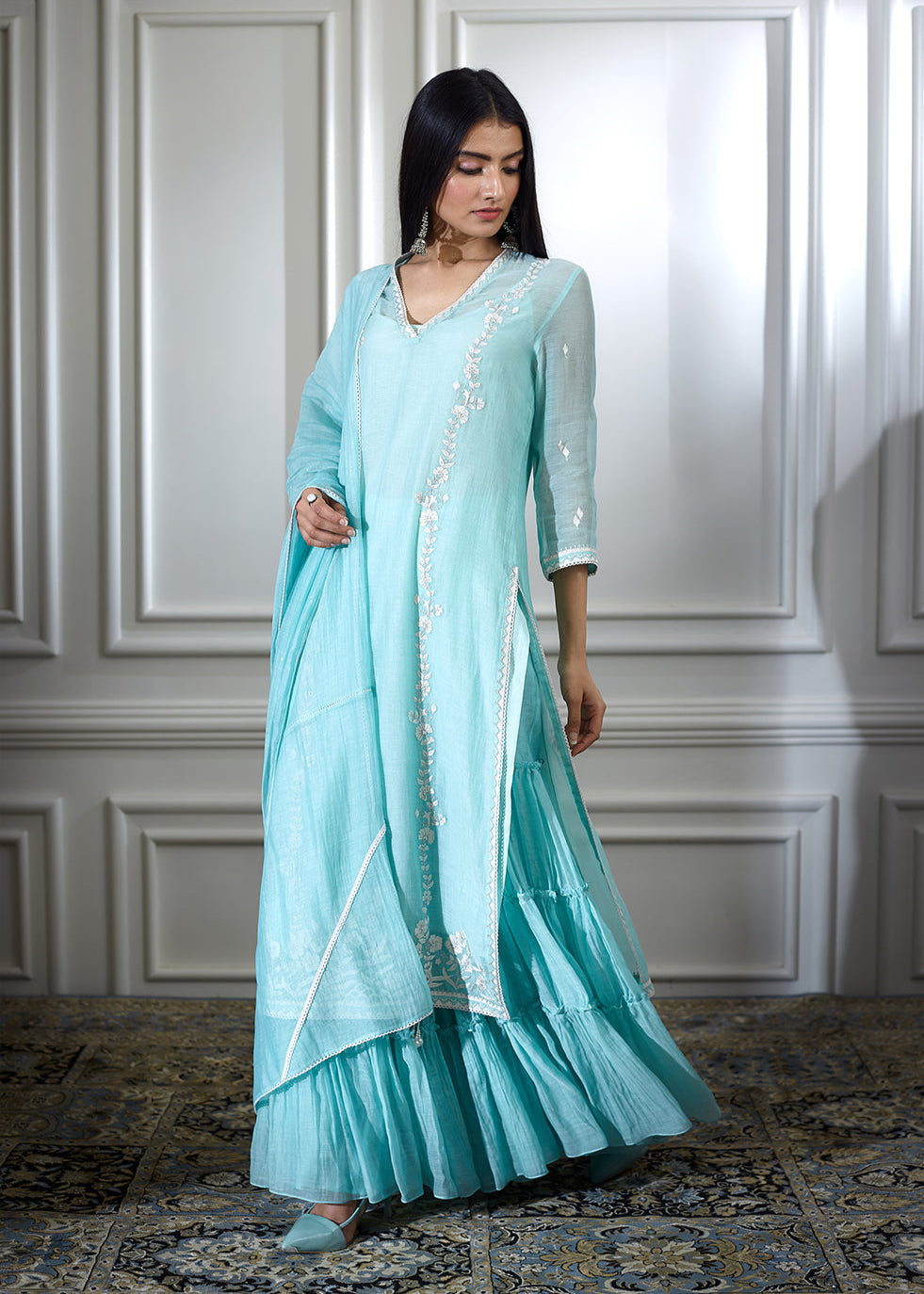 Aqua Embroidered Kurta With Sharara