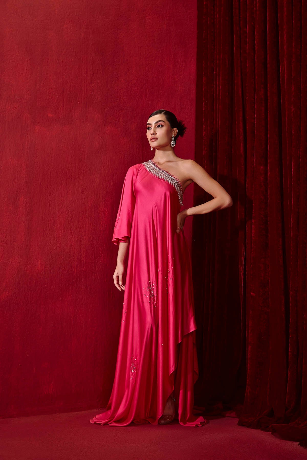 Rani Pink Asymmetrical One Shoulder Modal Silk Long Dress