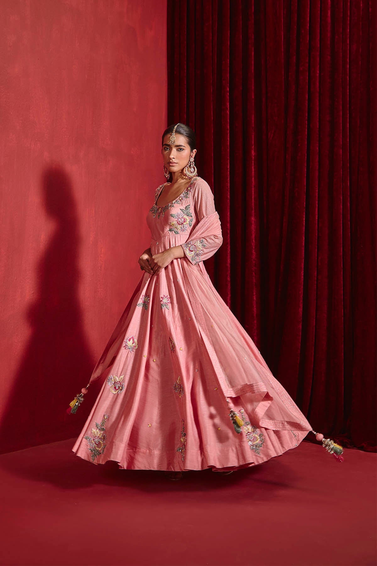 Rose Pink Embroidered Dupion Silk Anarkali Set with Organza Dupatta