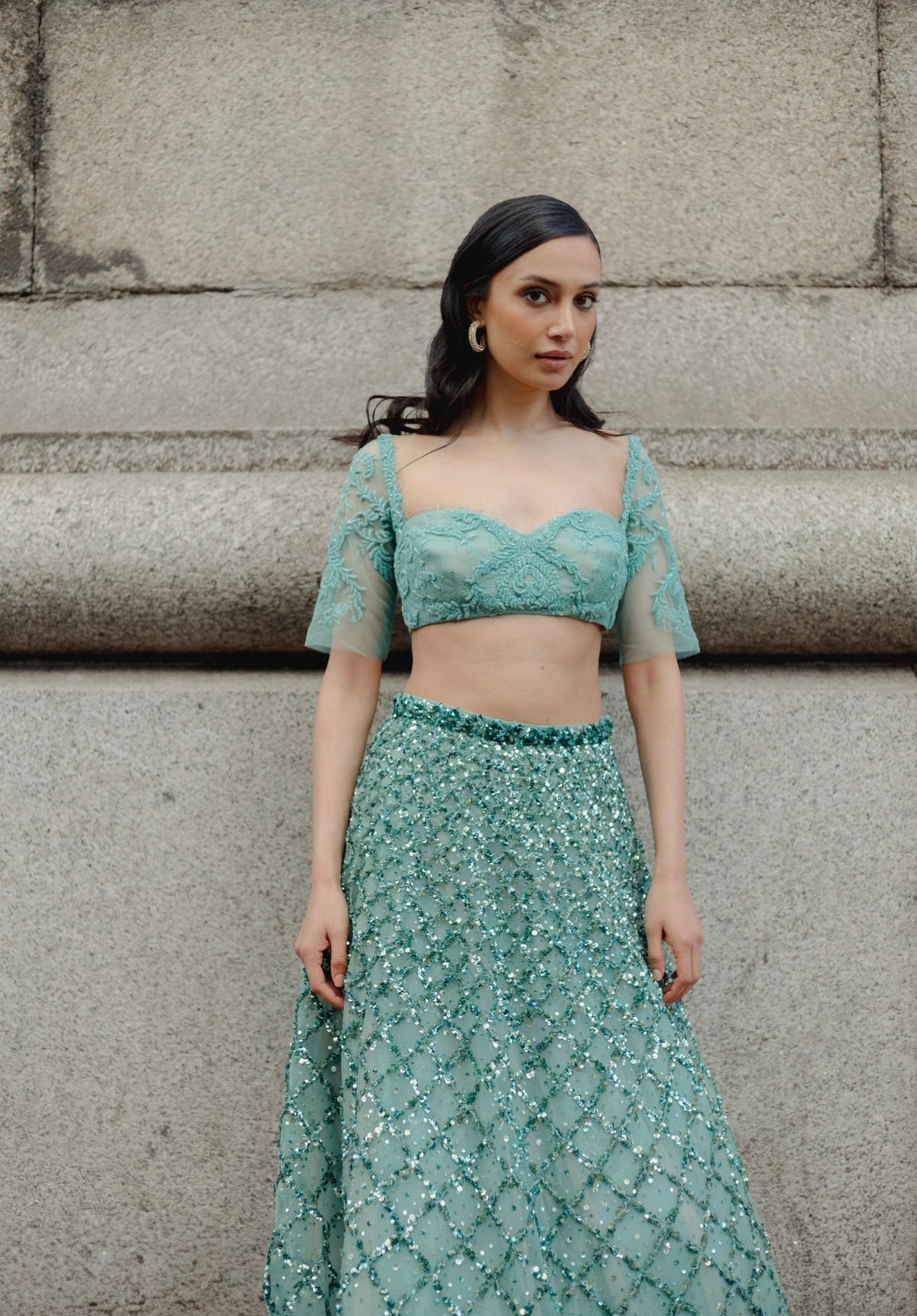 Zardosi Embroidery, Semi Sheer Fabric & French Lace, Tunic Pant Set, Relaxed SilhouetteZardosi Embroidery, Lace & Tulle, Crop Skirt Set, Flared Silhouette