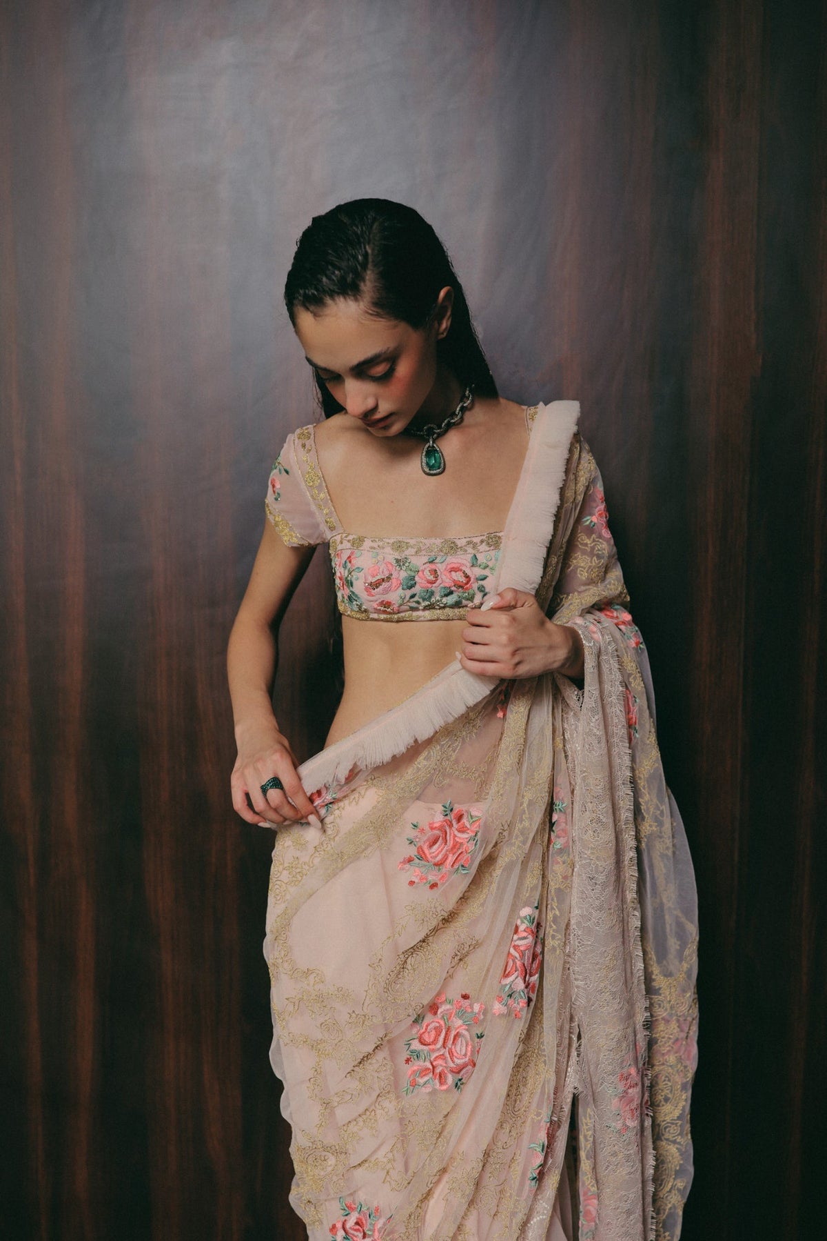 Floral & Zardosi Embroidery, Silk Georgette & Tulle with French Lace, Stitched Saree Set, Blouse Silhouette