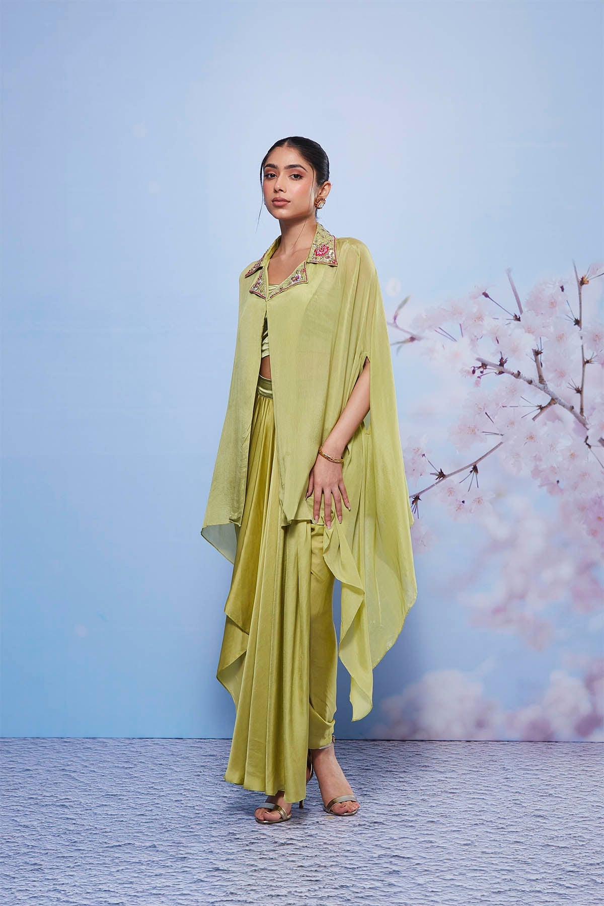 Zarin Mint Embroidered Cape with Pick Up Skirt and Fitted Bustier