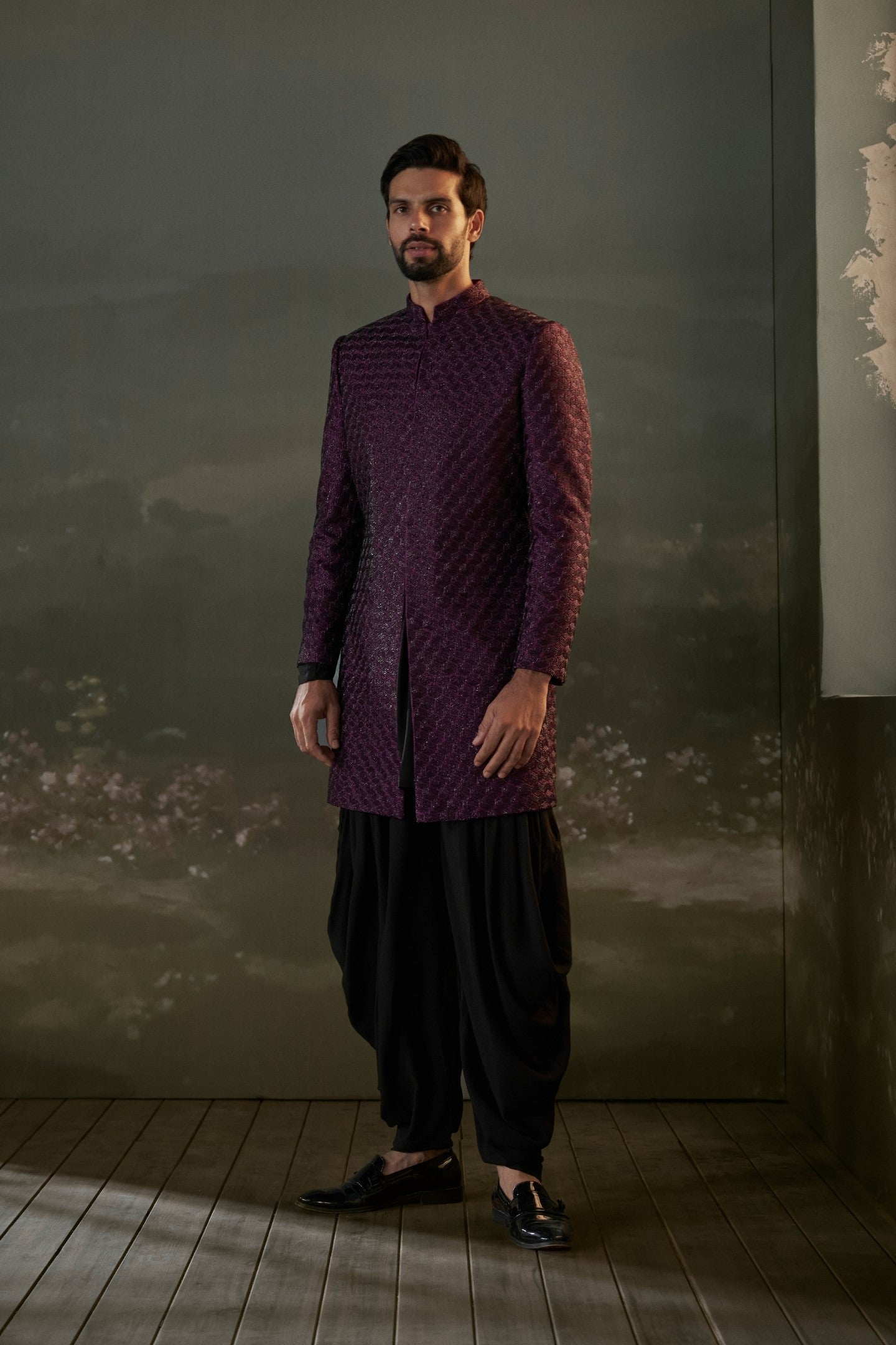 Purple Embroidered Raw Silk Sherwani with Black Kurta Dhoti