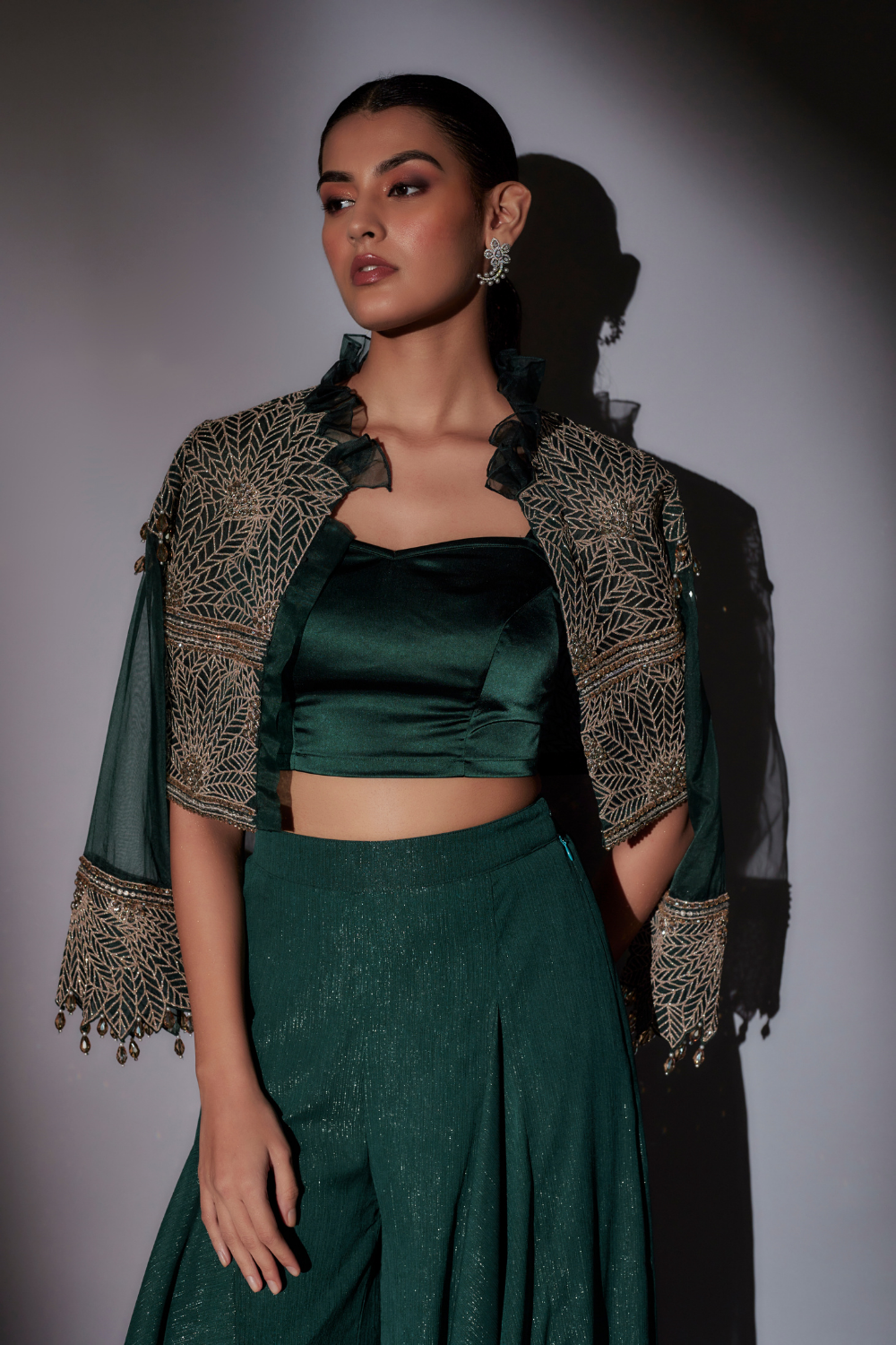 Green June Jacket Set with Embroidered Organza Sharara