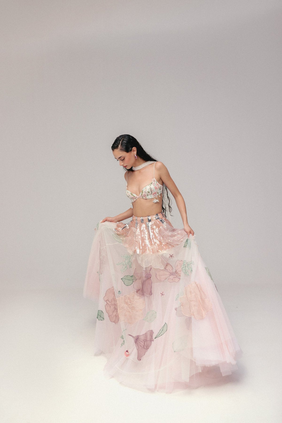 Beaded & Sequin Embroidery, Silk & Soft Tulle with French Lace, Skirt Set, Bralette Silhouette