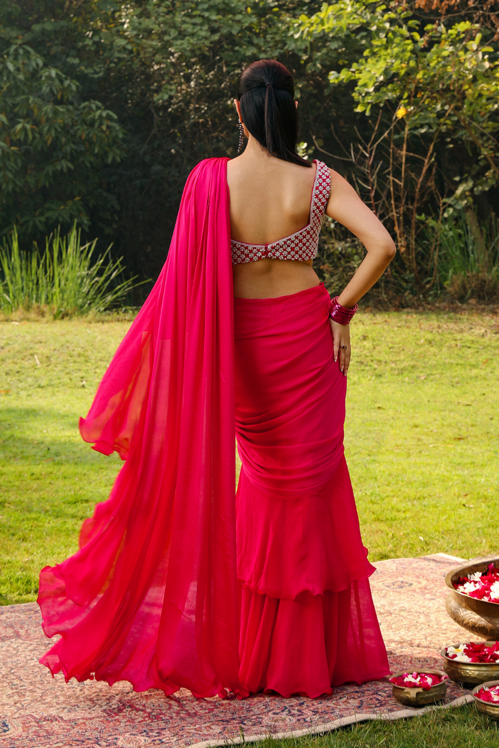 Sitaraa Rani Pink Pre-Draped Saree with Crystal Jaal Blouse