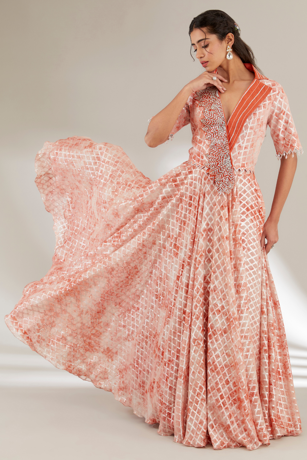Piya Rust Orange Opada Silk Skirt Set with Crystal Jacket