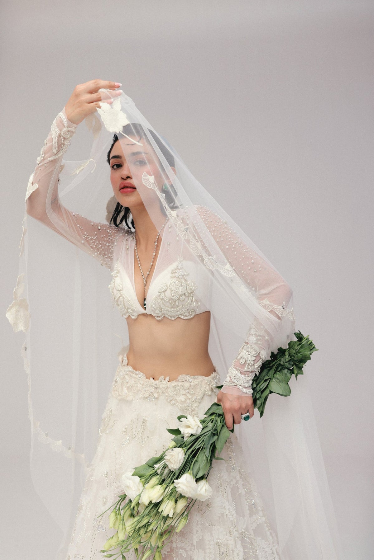 Pearl & Zardosi Embroidery, Tulle & French Lace with Silk, Skirt Set, Full Sleeve Blouse Silhouette