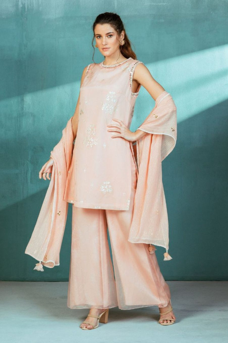 Salmon Organza Foil Printed Kurta Pallazo Set
