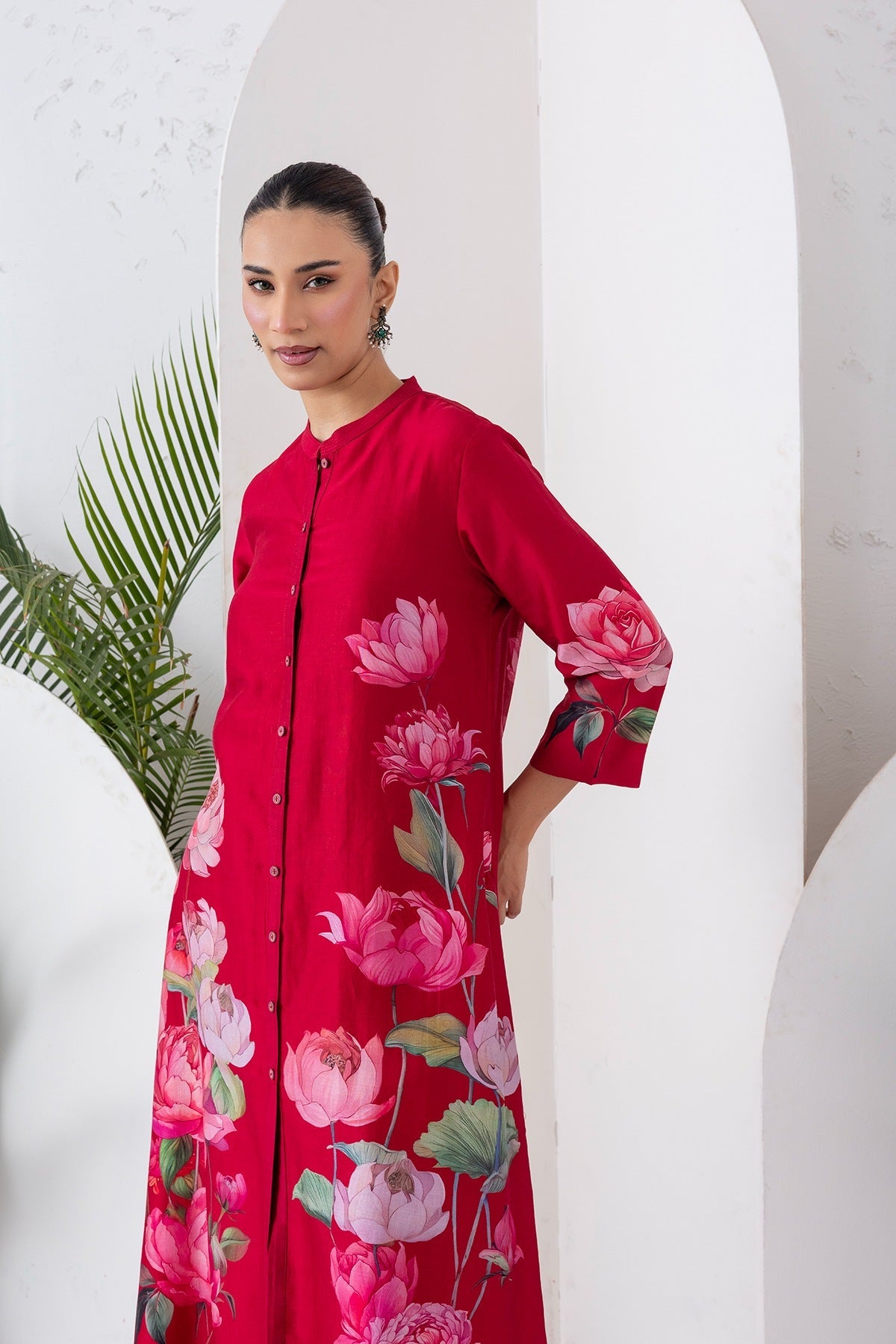 Maroon Silk Chanderi Printed Front Open Dress Set (3 PCS)