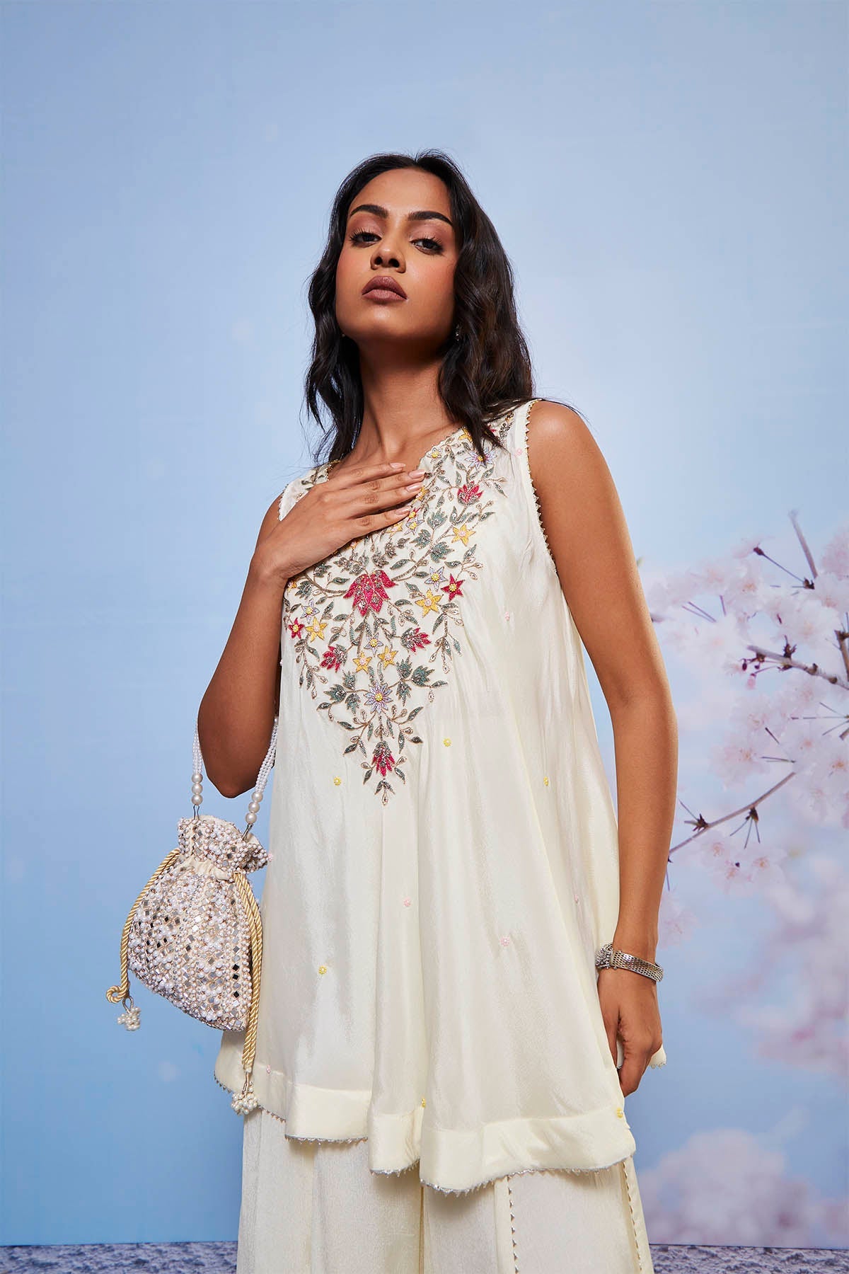 Ivory Chiffon Embroidered A-Line Kurta with Gota Sharara Set