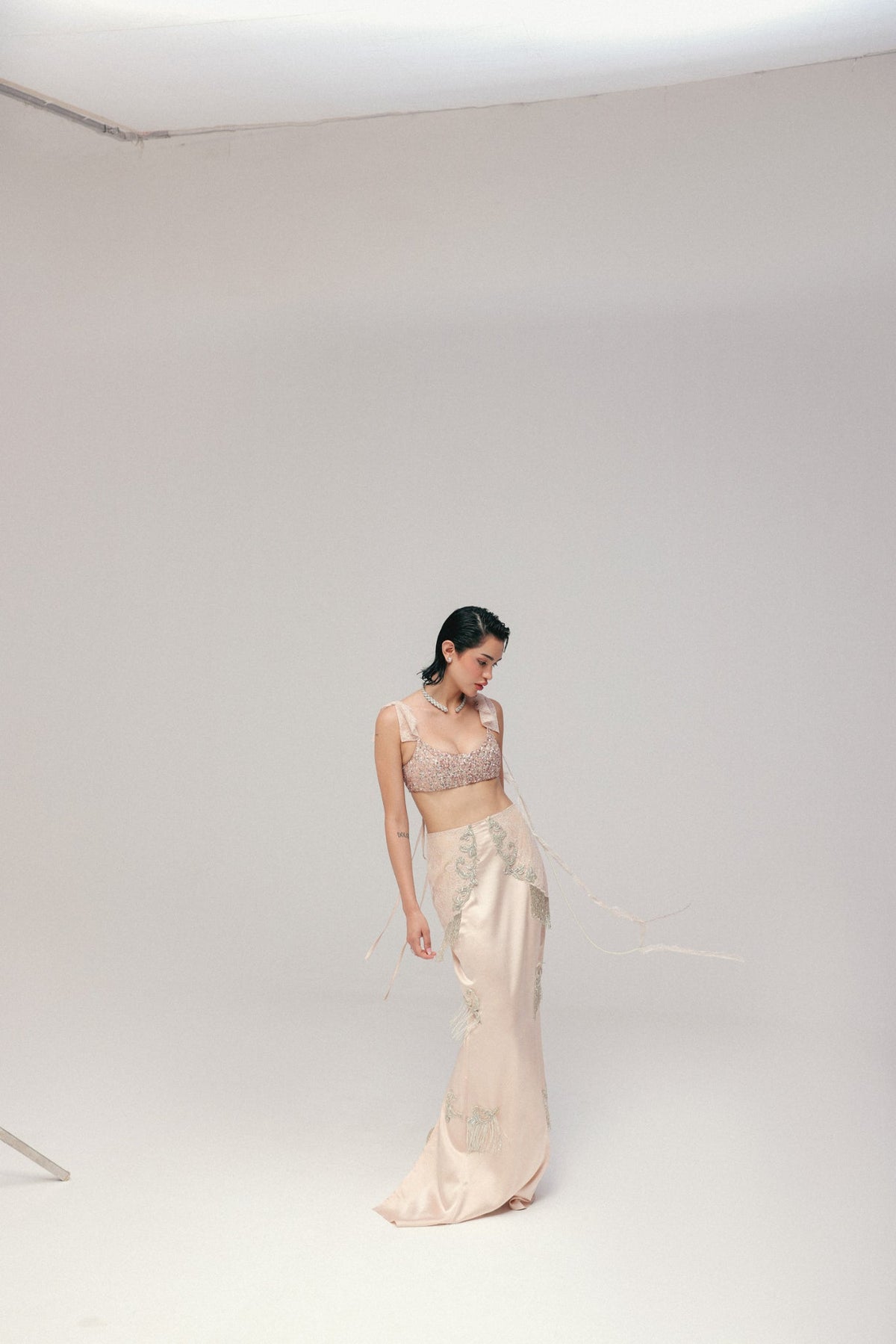 Sequin & Bugle Bead Embroidery, Silk Satin & French Lace, Skirt Set, Blouse Silhouette
