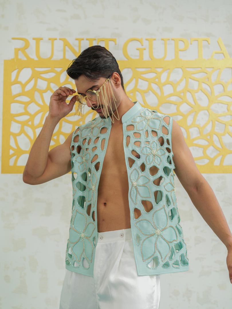 Blue Cutwork Floral Bundi only