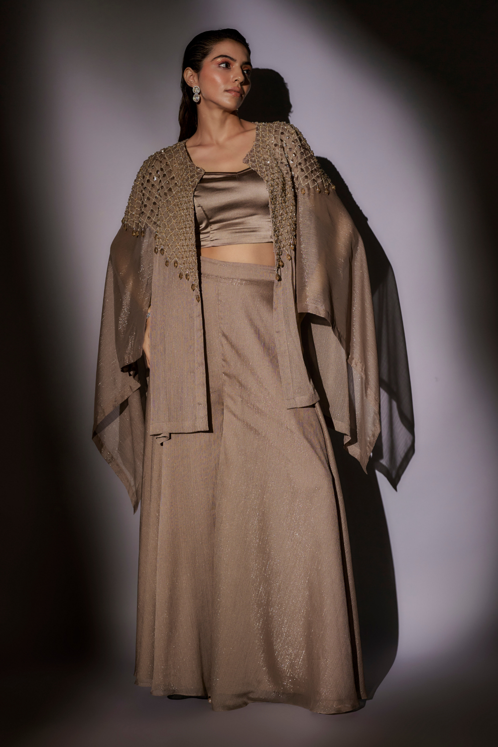 Coffee Esha Hand Embroidered Cape Set with Flared Sharara
