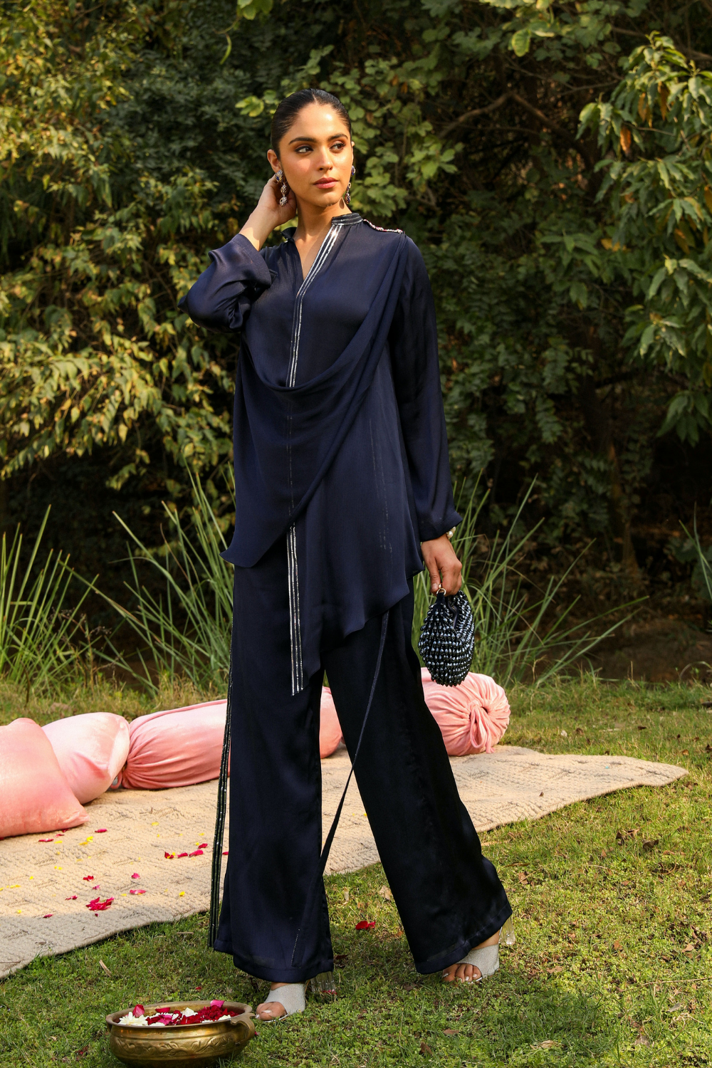 Navy Blue Chiffon Mira Co-ord Set with Cowl Neck & Sequins
