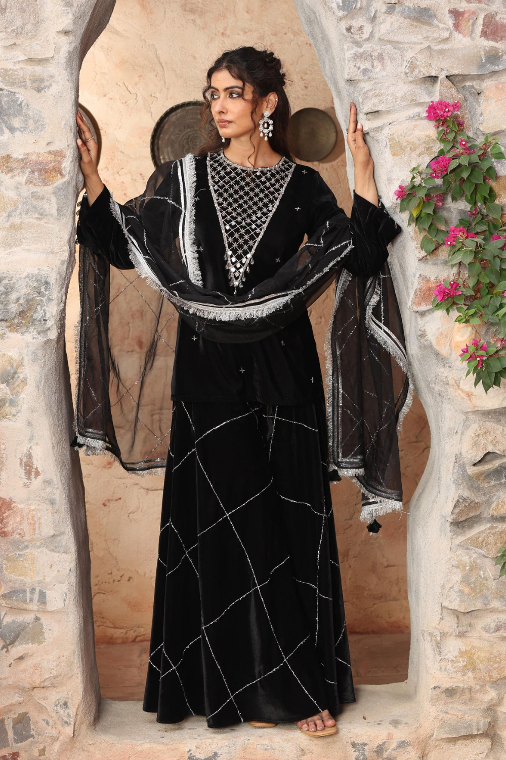 Elegant Black Velvet Embroidered Sharara Set with Organza Dupatta