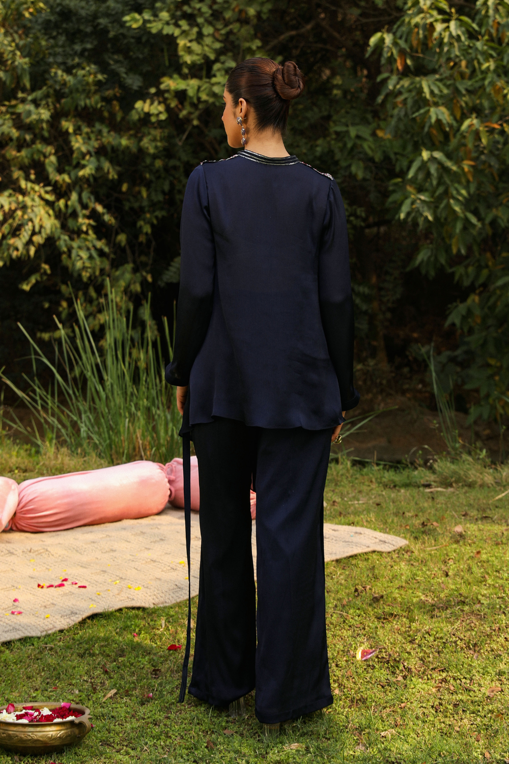 Navy Blue Chiffon Mira Co-ord Set with Cowl Neck & Sequins