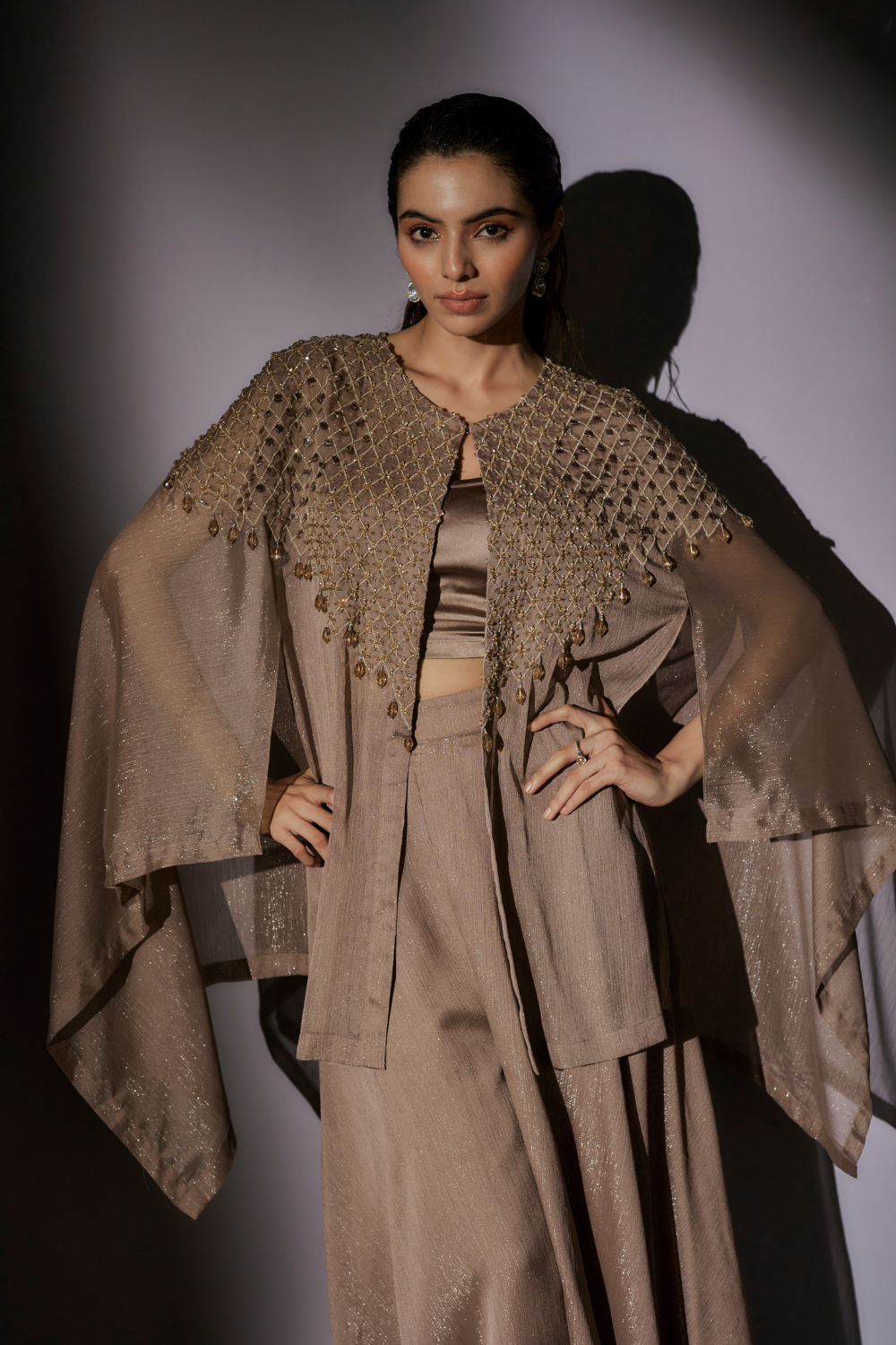 Coffee Esha Hand Embroidered Cape Set with Flared Sharara