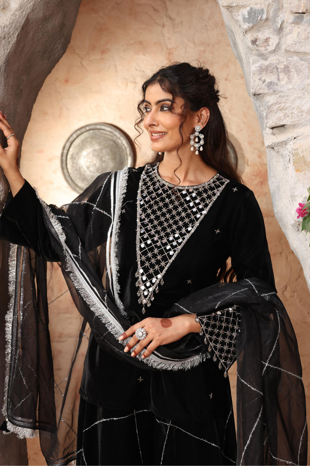 Elegant Black Velvet Embroidered Sharara Set with Organza Dupatta