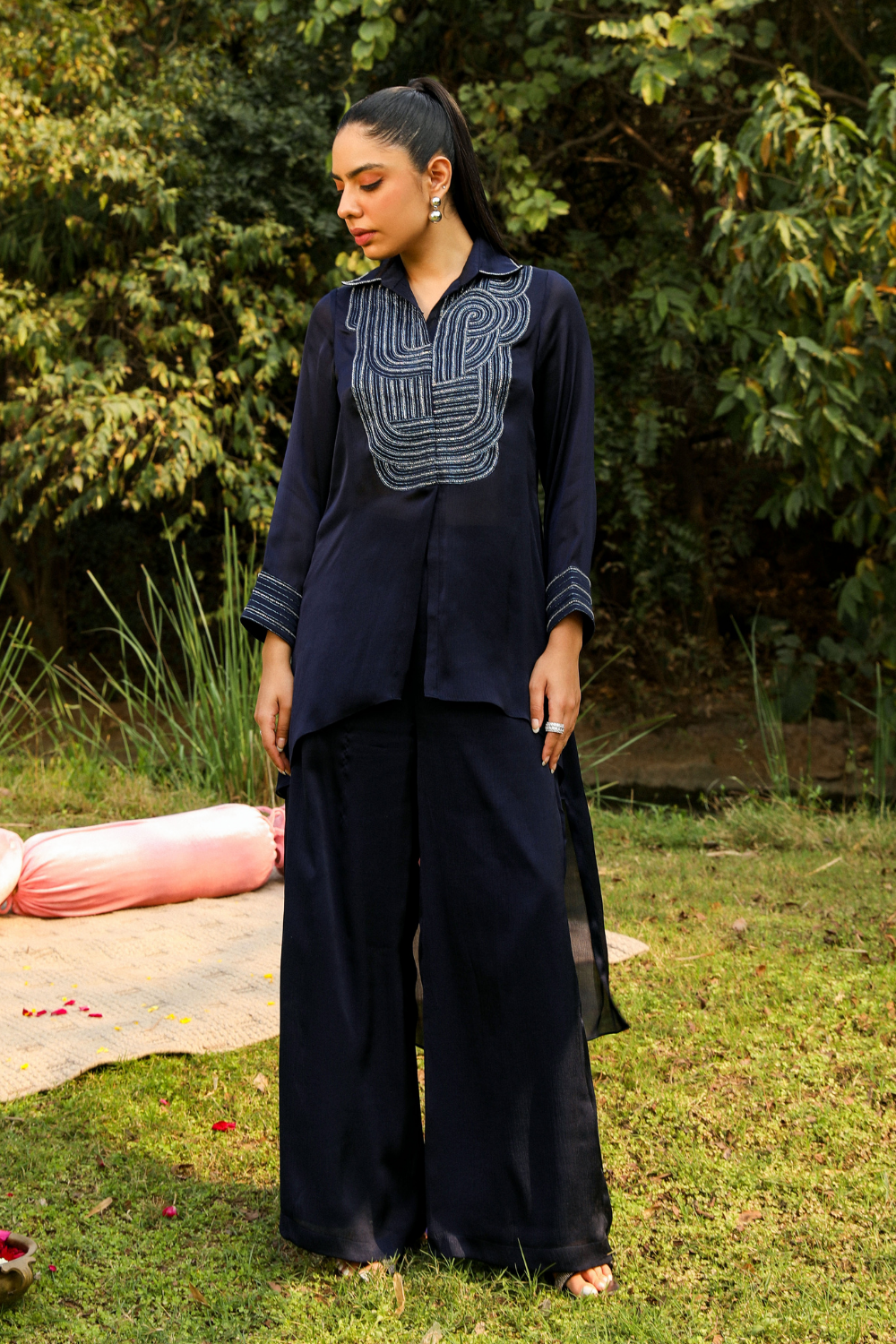 Chamak Navy Blue Chiffon Co-ord Set with Dori Embroidery