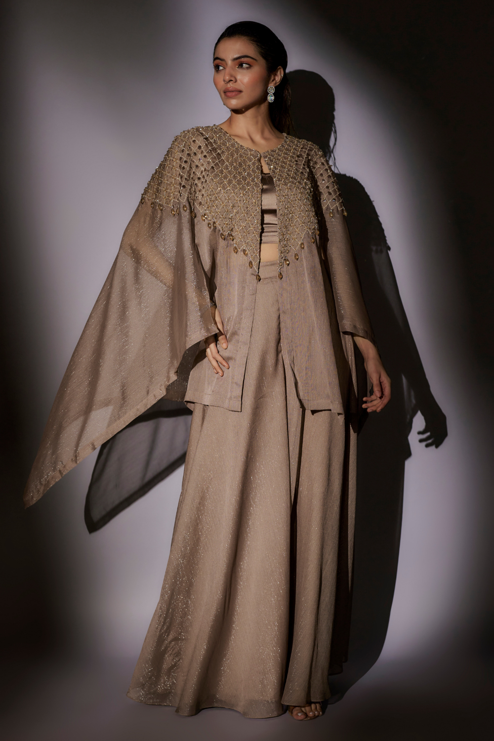 Coffee Esha Hand Embroidered Cape Set with Flared Sharara