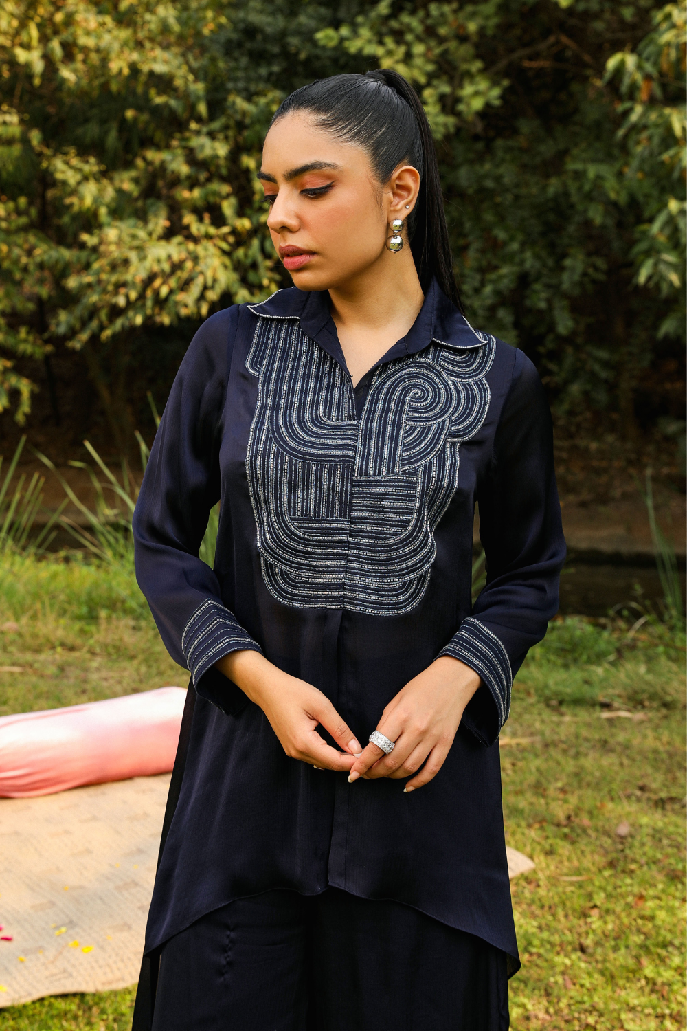 Chamak Navy Blue Chiffon Co-ord Set with Dori Embroidery