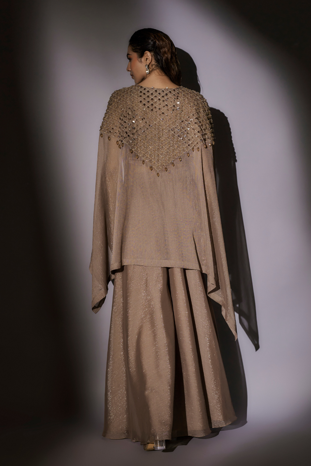 Coffee Esha Hand Embroidered Cape Set with Flared Sharara