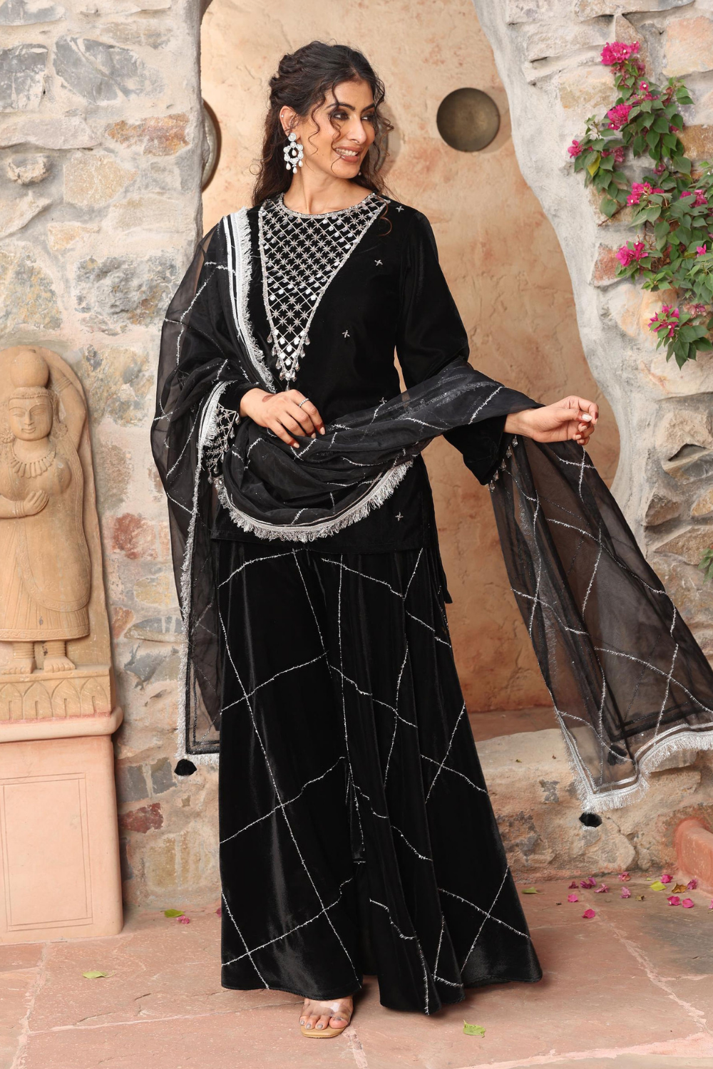 Elegant Black Velvet Embroidered Sharara Set with Organza Dupatta