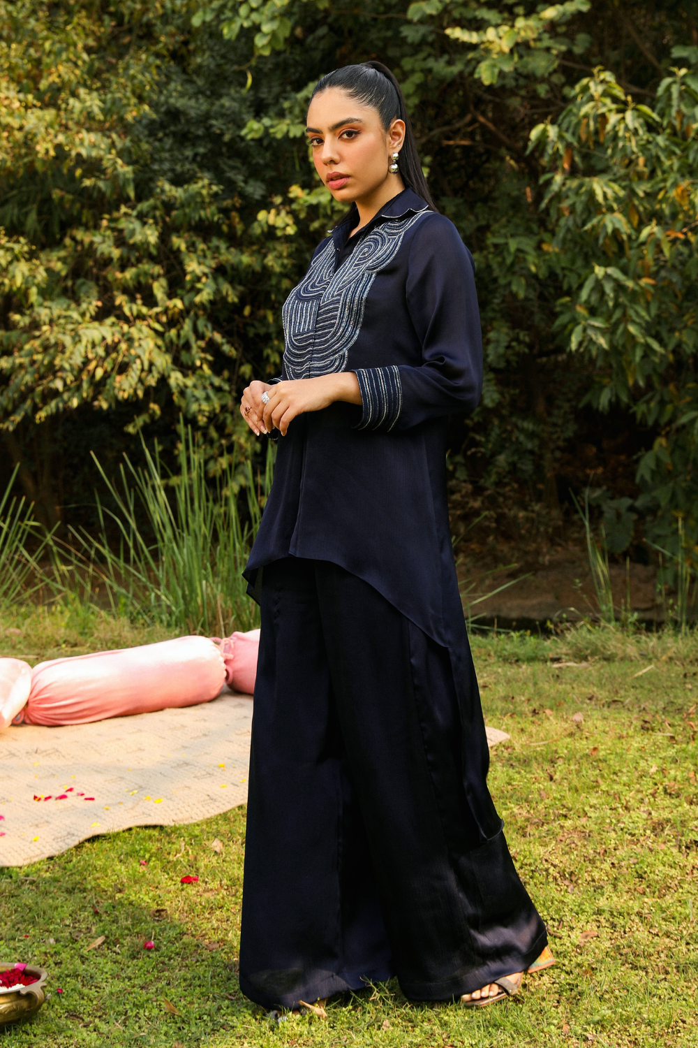 Chamak Navy Blue Chiffon Co-ord Set with Dori Embroidery