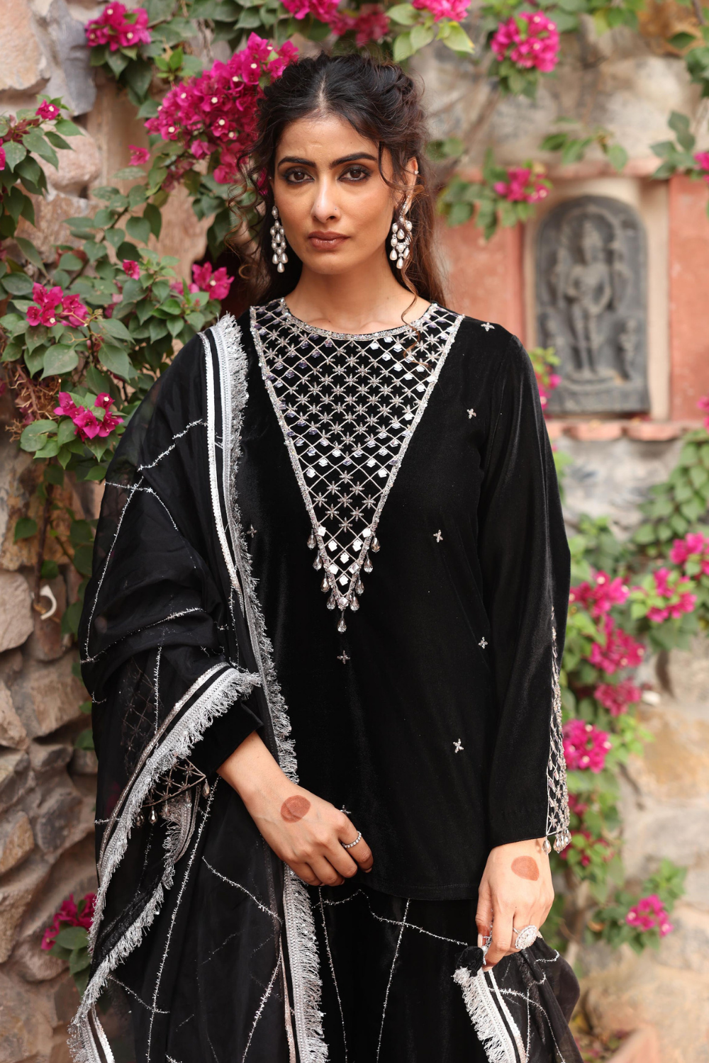 Elegant Black Velvet Embroidered Sharara Set with Organza Dupatta