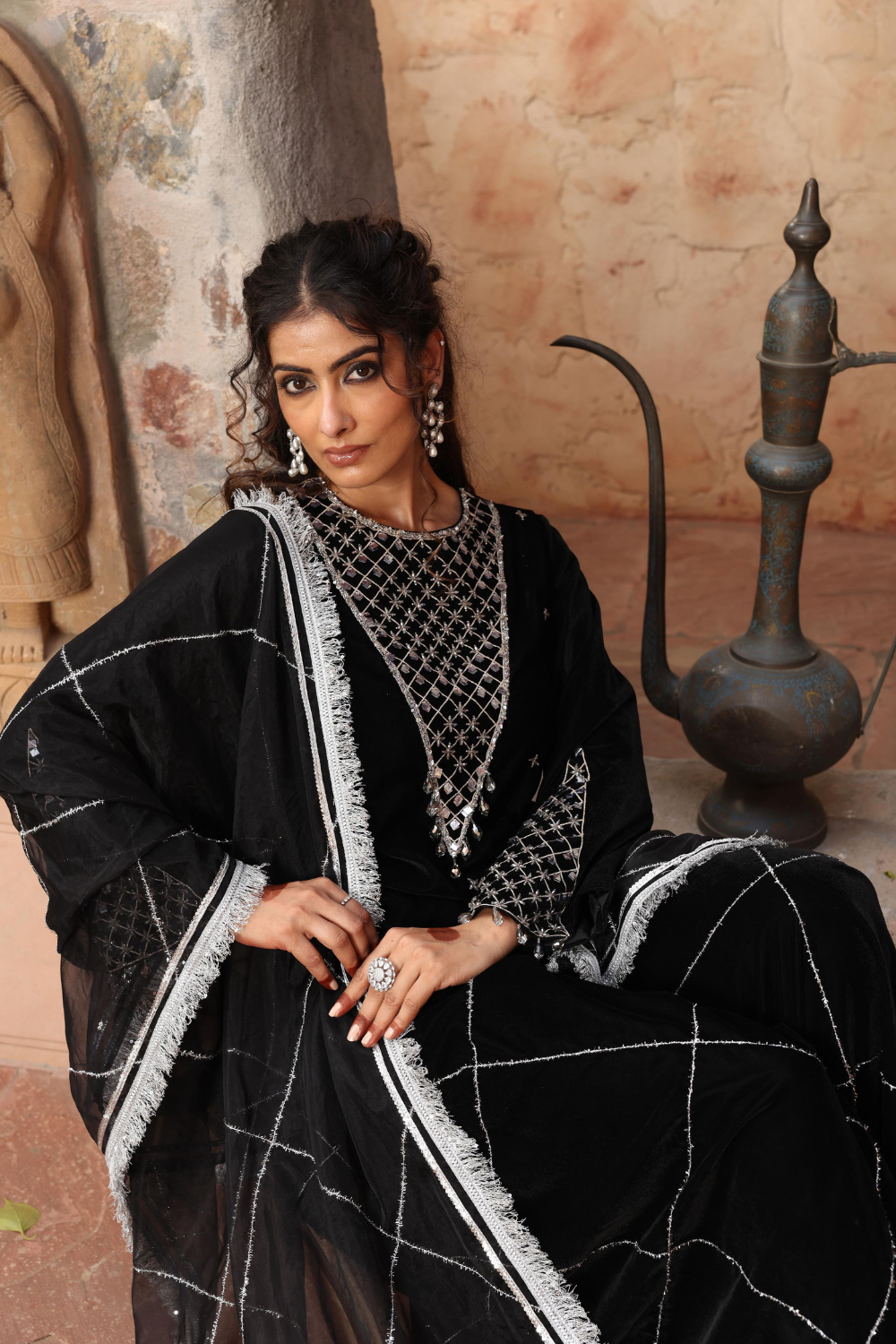 Elegant Black Velvet Embroidered Sharara Set with Organza Dupatta