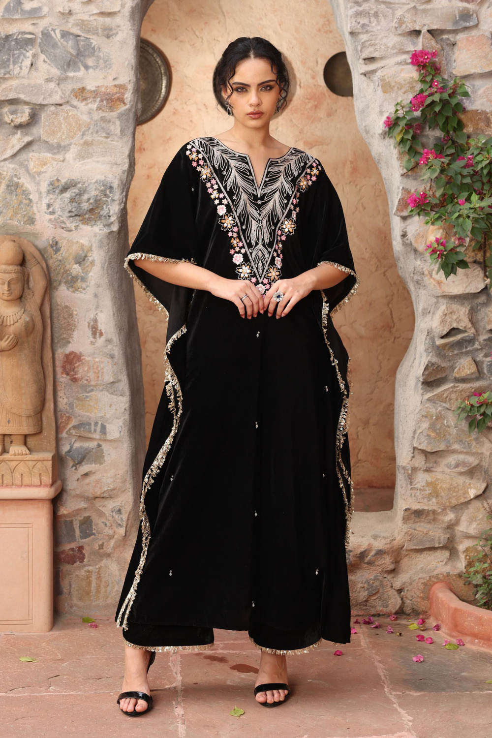 Intricately Embroidered Black Velvet Kaftan with Palazzo Set