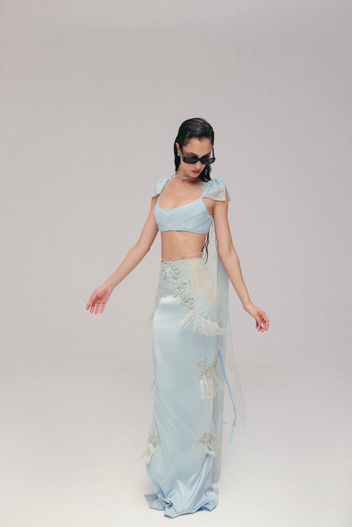 Bugle Bead & Crystal Embroidery, Silk Satin & Lace, Skirt Set, Crop Silhouette