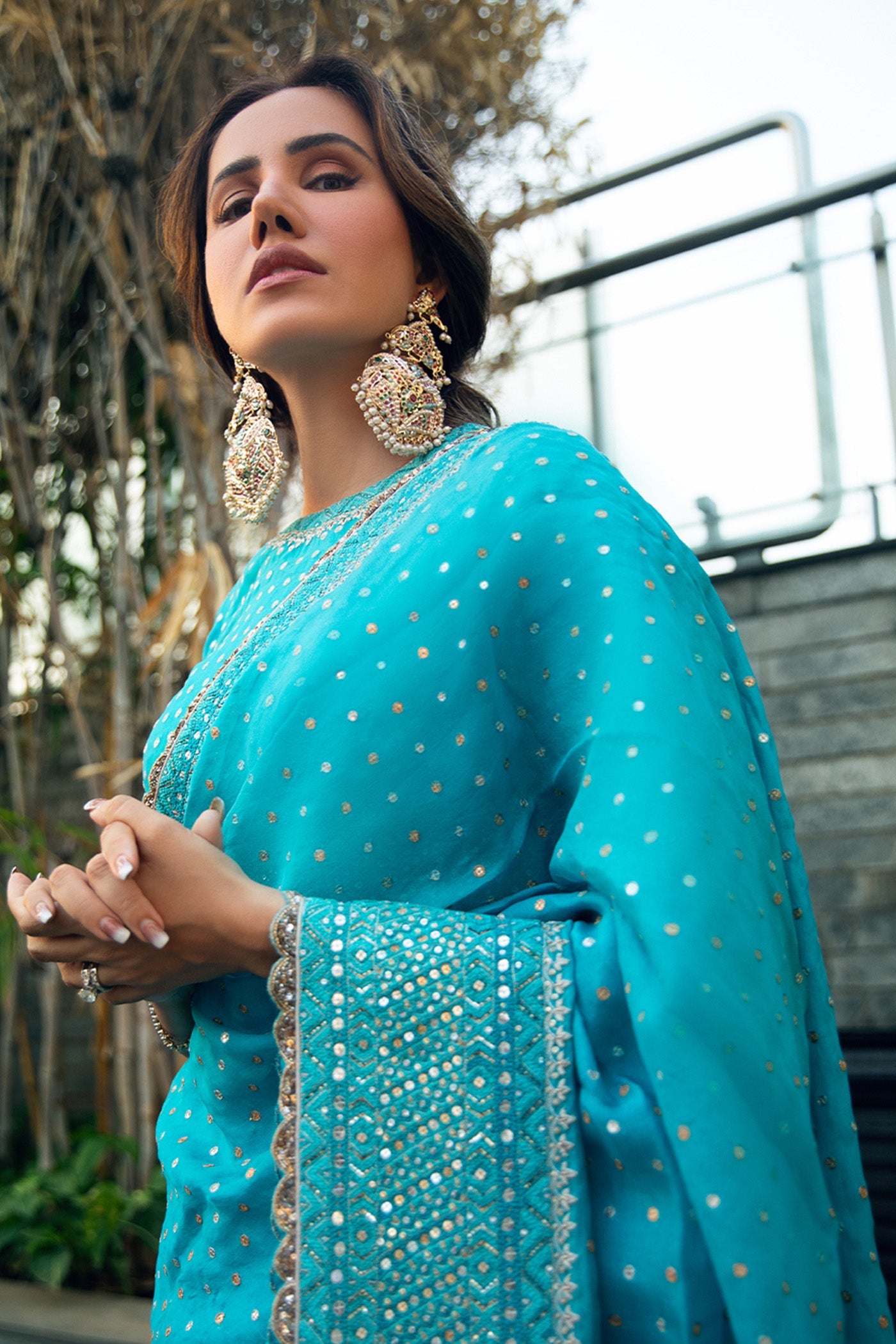 Hand-Embroidered Sea-Blue Pure Silk-Organza Saree-Blouse Set