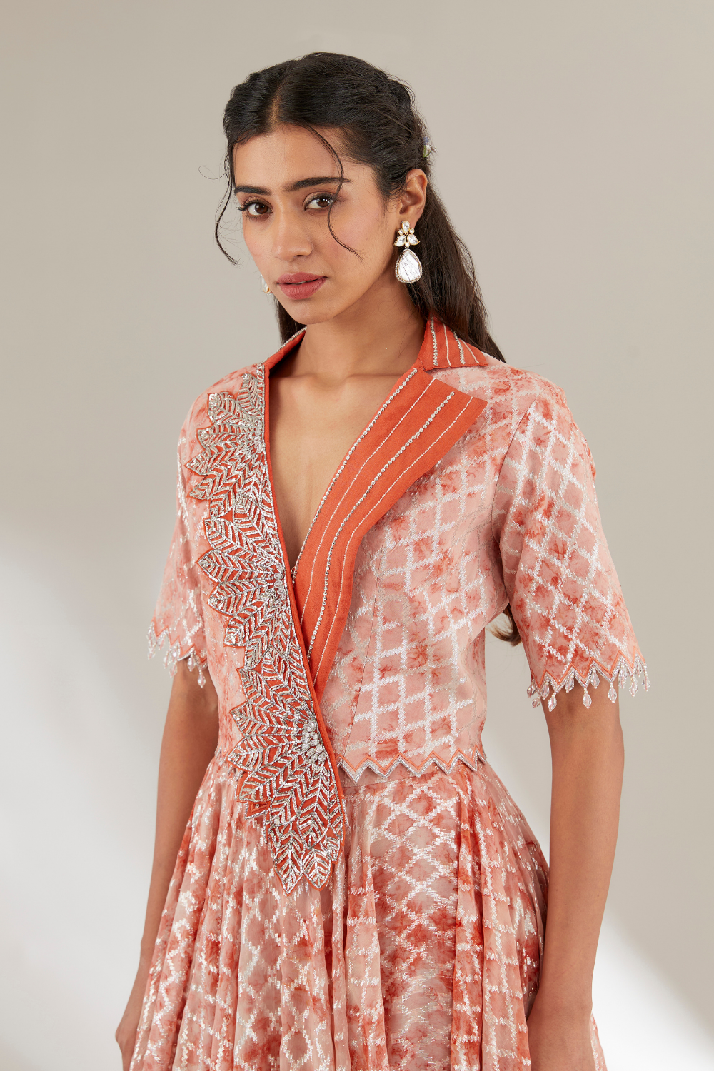 Piya Rust Orange Opada Silk Skirt Set with Crystal Jacket