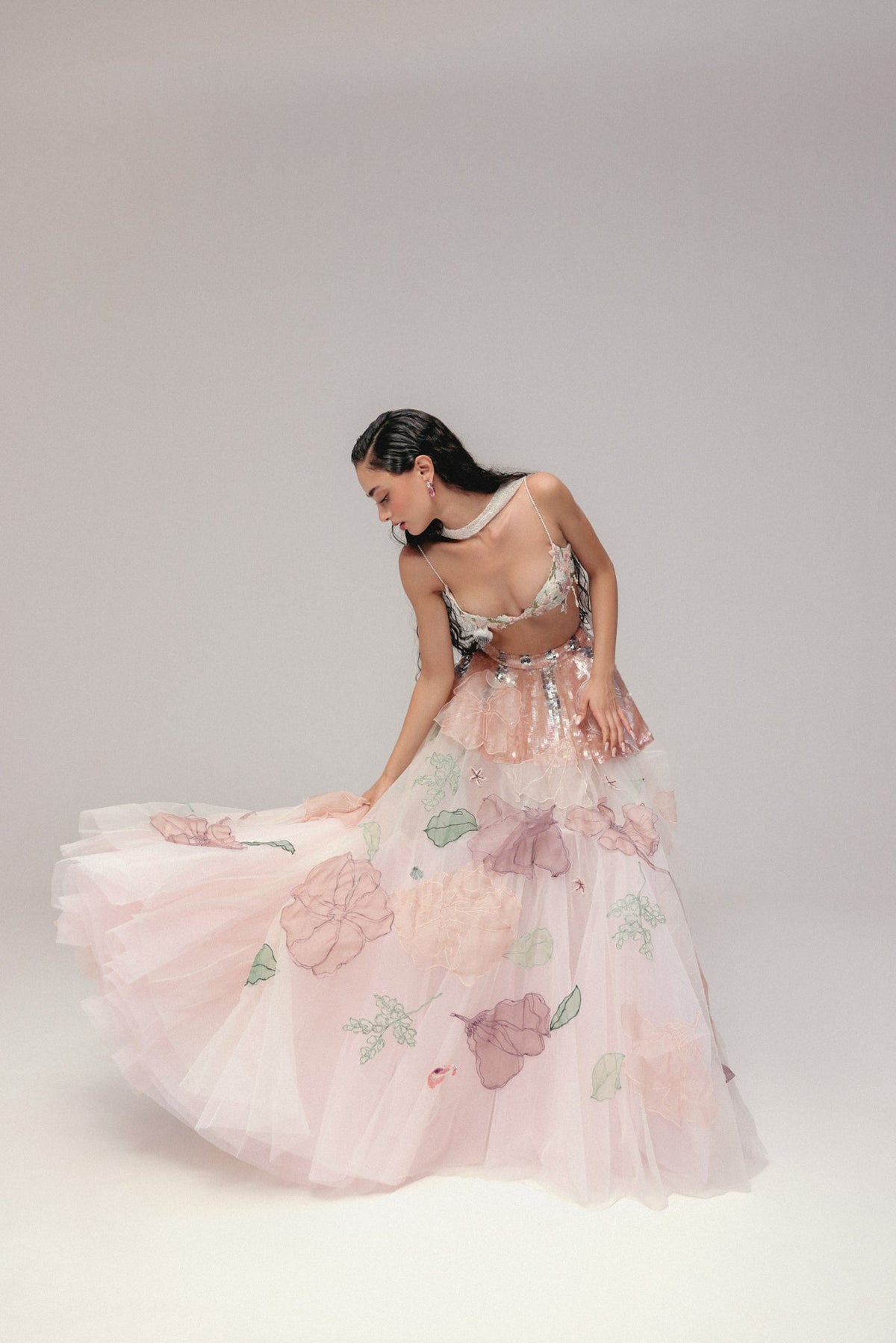 Beaded & Sequin Embroidery, Silk & Soft Tulle with French Lace, Skirt Set, Bralette Silhouette