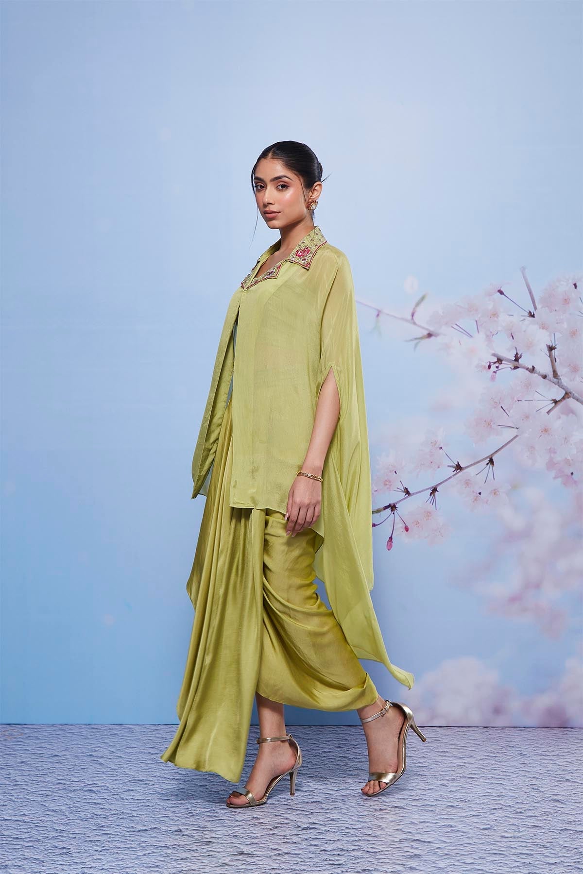 Zarin Mint Embroidered Cape with Pick Up Skirt and Fitted Bustier