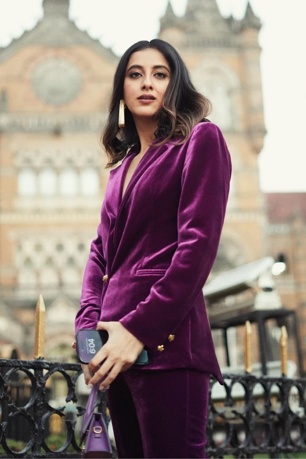Karishma Mehta Zuri Purple Silk Velvet Power Shoulder Co-ord Set