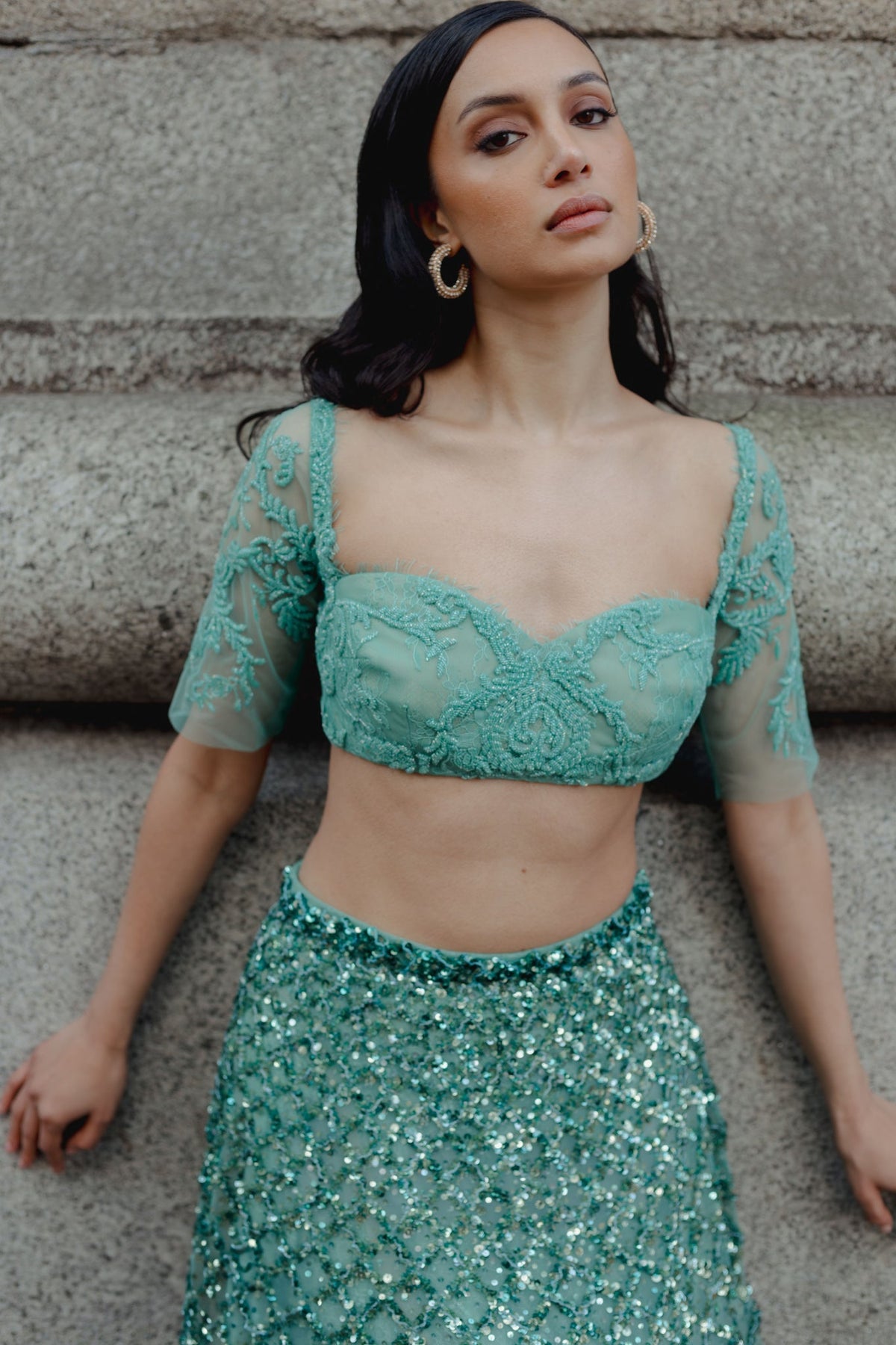 Zardosi Embroidery, Semi Sheer Fabric & French Lace, Tunic Pant Set, Relaxed SilhouetteZardosi Embroidery, Lace & Tulle, Crop Skirt Set, Flared Silhouette